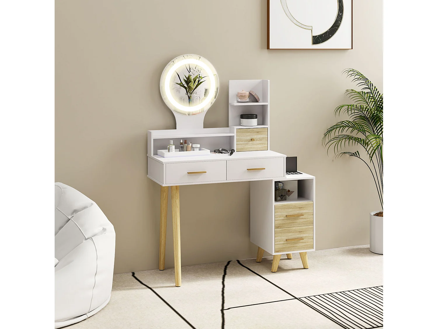 White Dressing Table with LED Mirror 5 Drawers and 5 Shelves