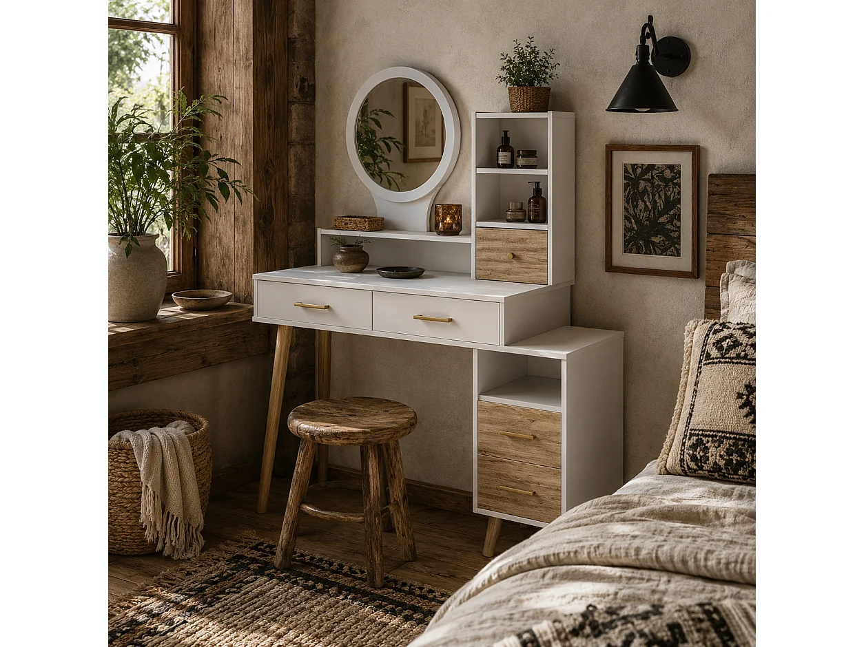 White Dressing Table with LED Mirror 5 Drawers and 5 Shelves