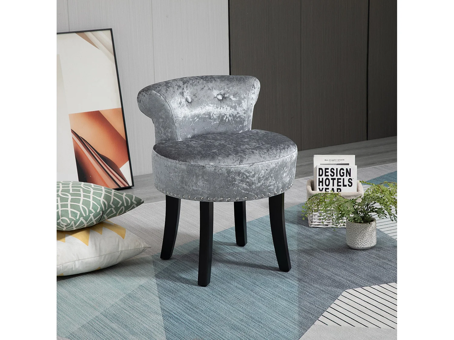 Mocareba Grey Velvet Dressing Table Stool Padded Seat Rubberwood Legs