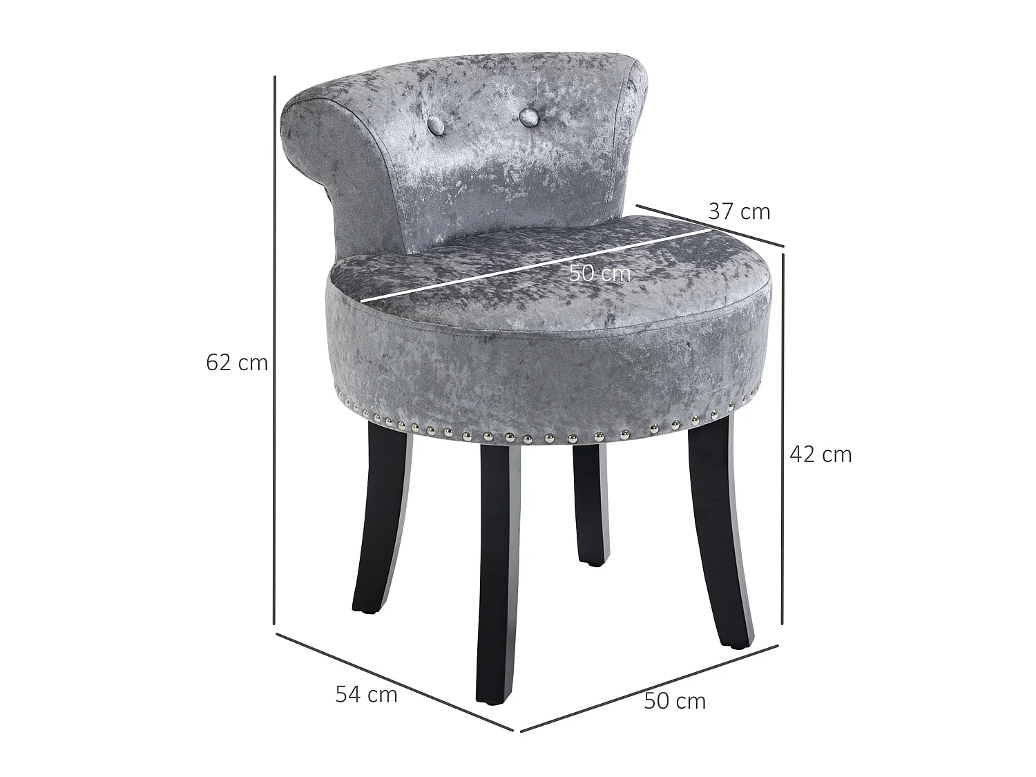 Mocareba Grey Velvet Dressing Table Stool Padded Seat Rubberwood Legs