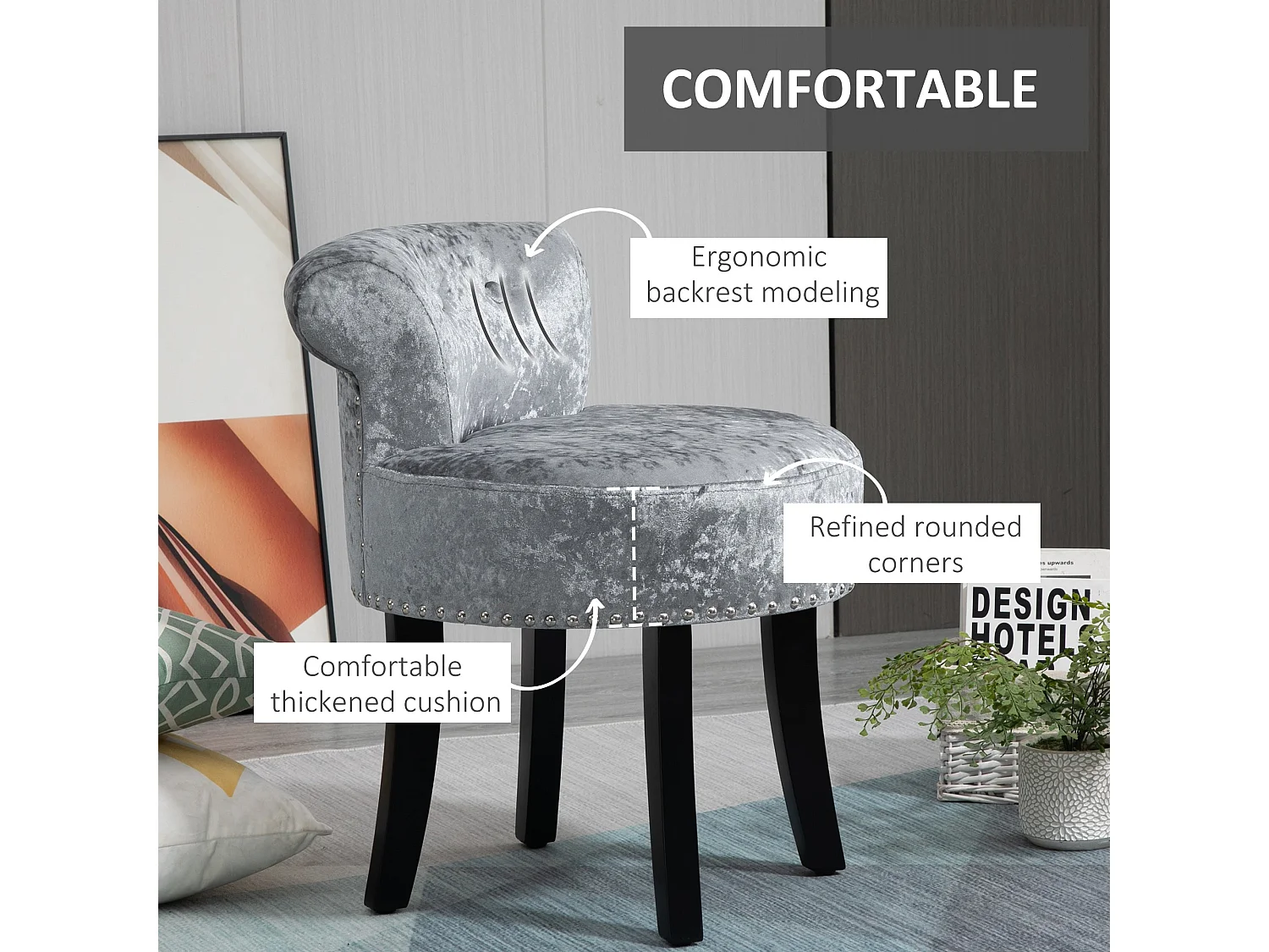 Mocareba Grey Velvet Dressing Table Stool Padded Seat Rubberwood Legs