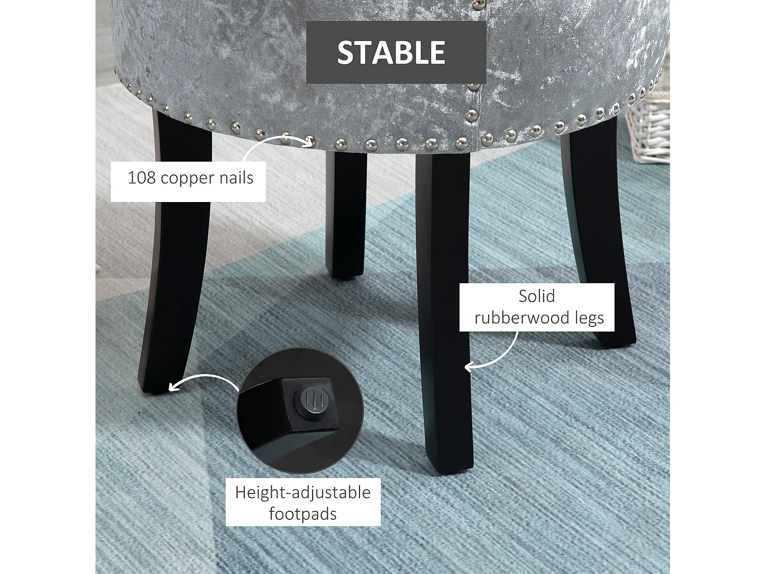 Mocareba Grey Velvet Dressing Table Stool Padded Seat Rubberwood Legs