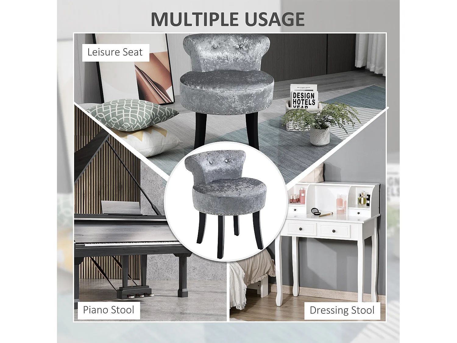 Mocareba Grey Velvet Dressing Table Stool Padded Seat Rubberwood Legs