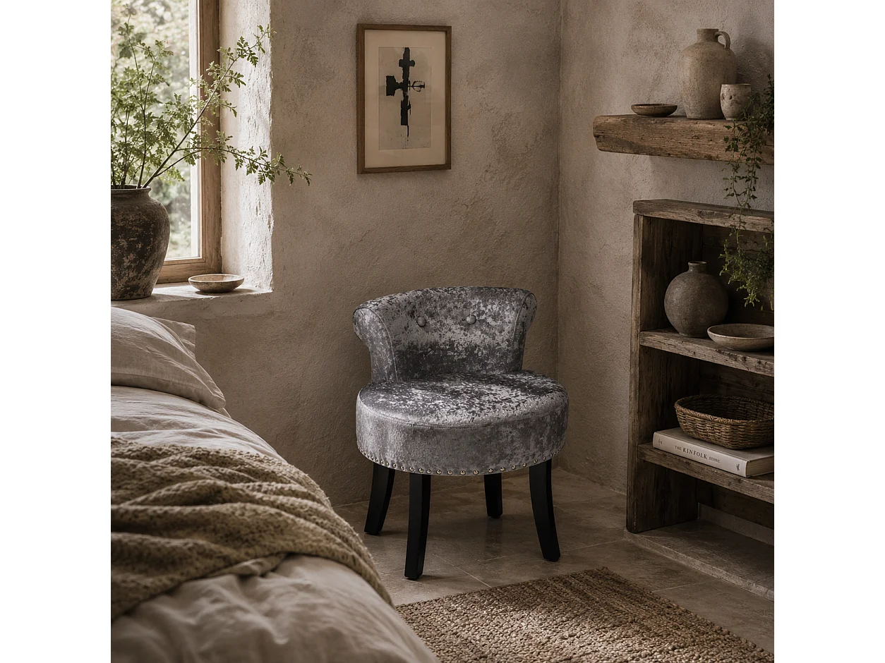 Mocareba Grey Velvet Dressing Table Stool Padded Seat Rubberwood Legs