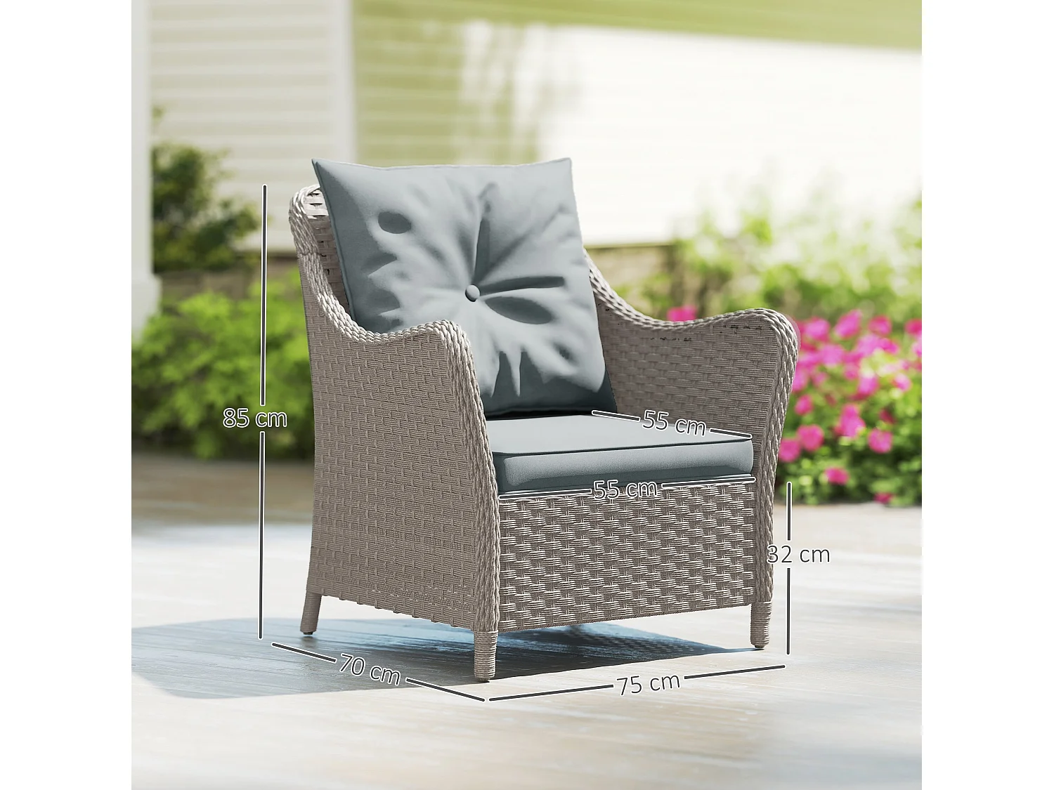 Veyoto Set of 2 Light Grey Rattan Outdoor Armchairs with Cushions High Back and Armrests