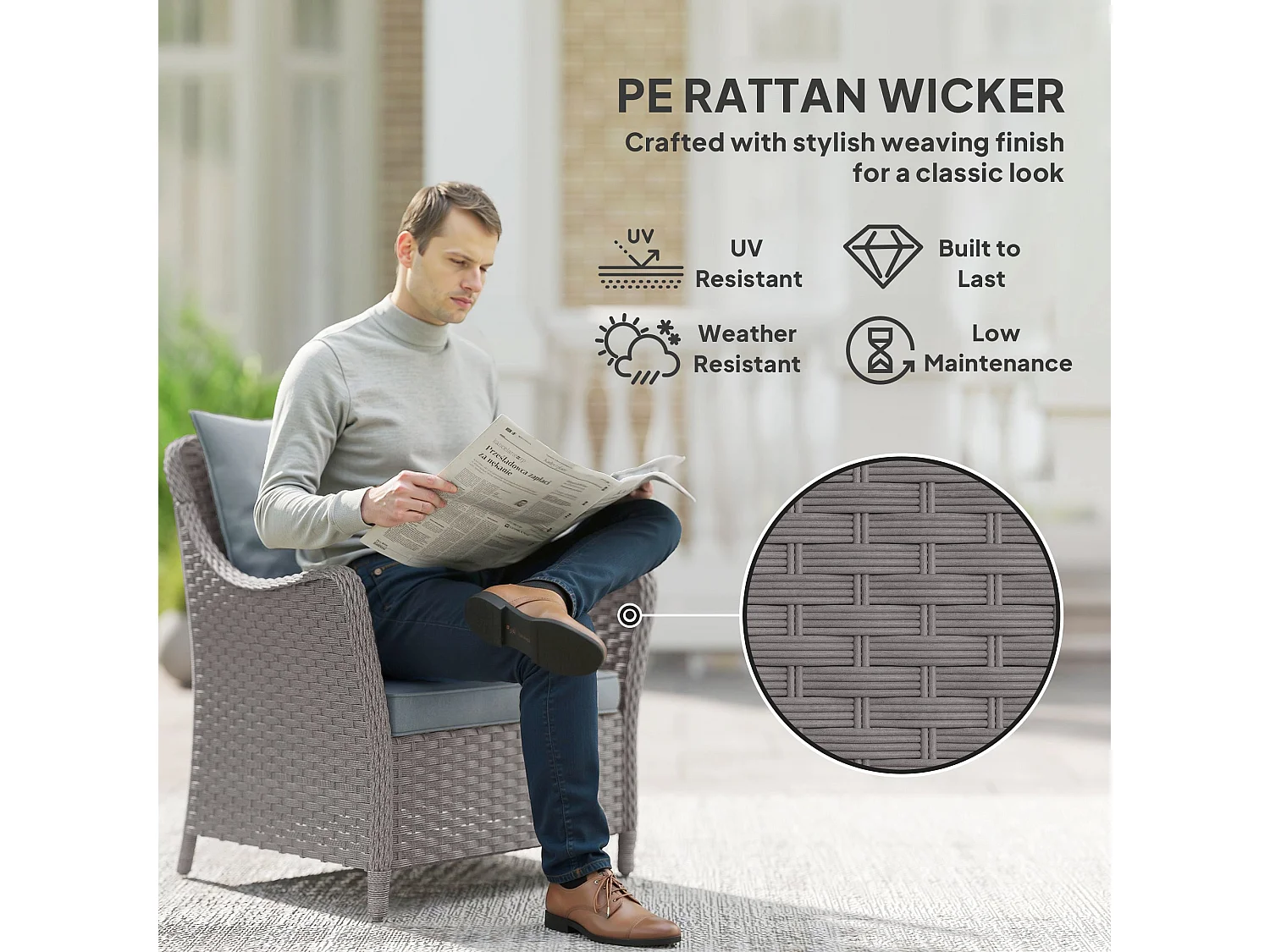 Veyoto Set of 2 Light Grey Rattan Outdoor Armchairs with Cushions High Back and Armrests