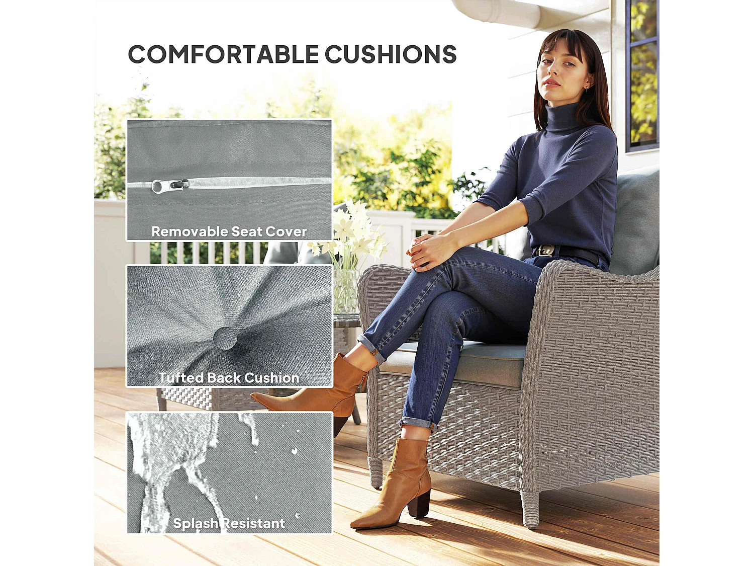 Veyoto Set of 2 Light Grey Rattan Outdoor Armchairs with Cushions High Back and Armrests