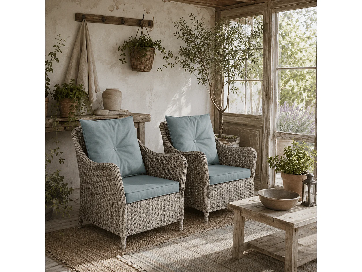 Veyoto Set of 2 Light Grey Rattan Outdoor Armchairs with Cushions High Back and Armrests