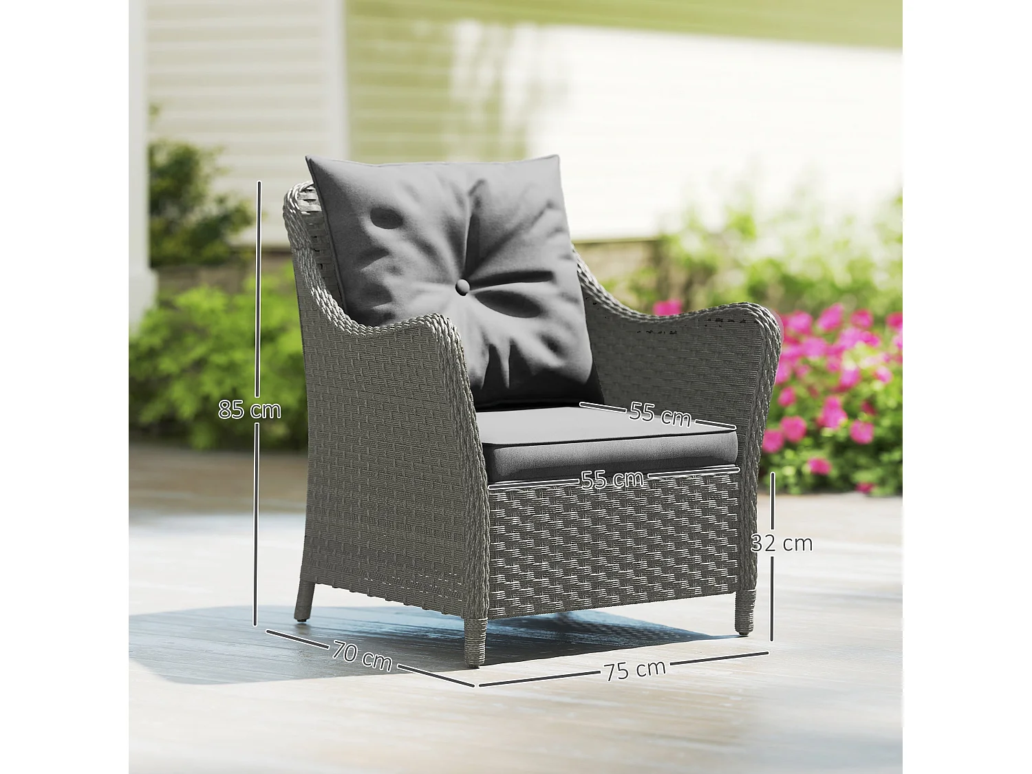 Neluli Set of 2 Dark Grey Rattan Outdoor Armchairs with Cushions Armrests and High Back