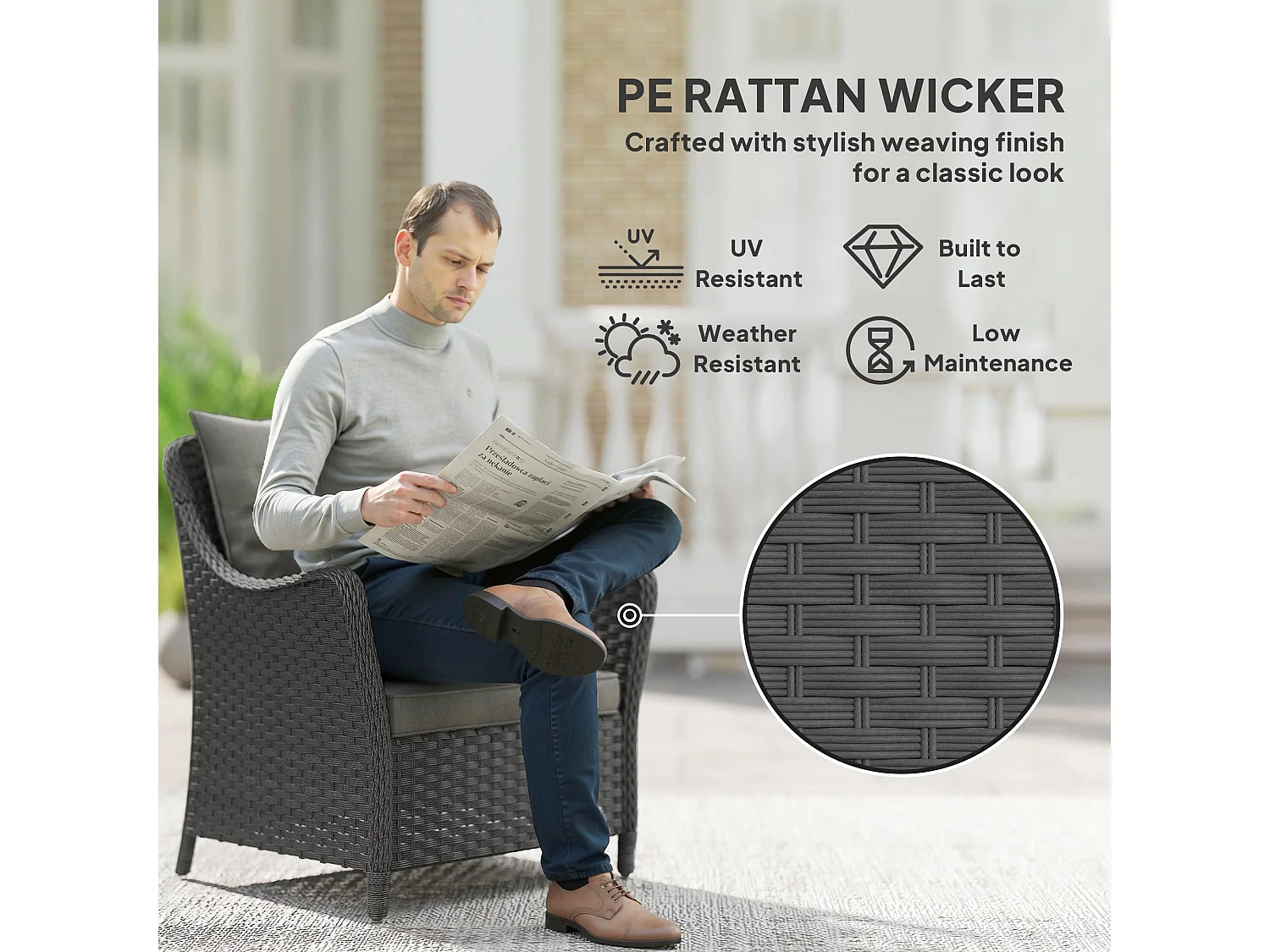 Neluli Set of 2 Dark Grey Rattan Outdoor Armchairs with Cushions Armrests and High Back