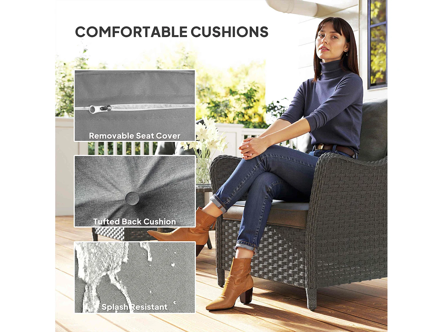 Neluli Set of 2 Dark Grey Rattan Outdoor Armchairs with Cushions Armrests and High Back