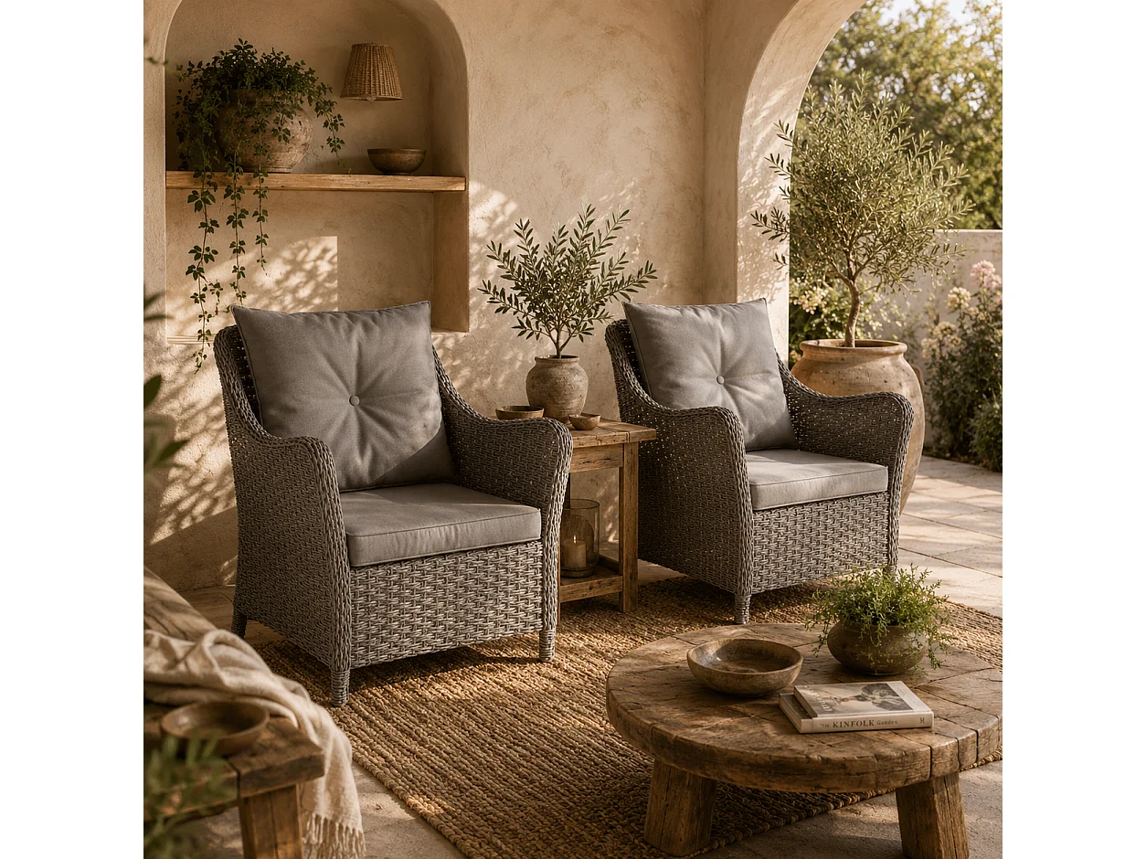 Neluli Set of 2 Dark Grey Rattan Outdoor Armchairs with Cushions Armrests and High Back