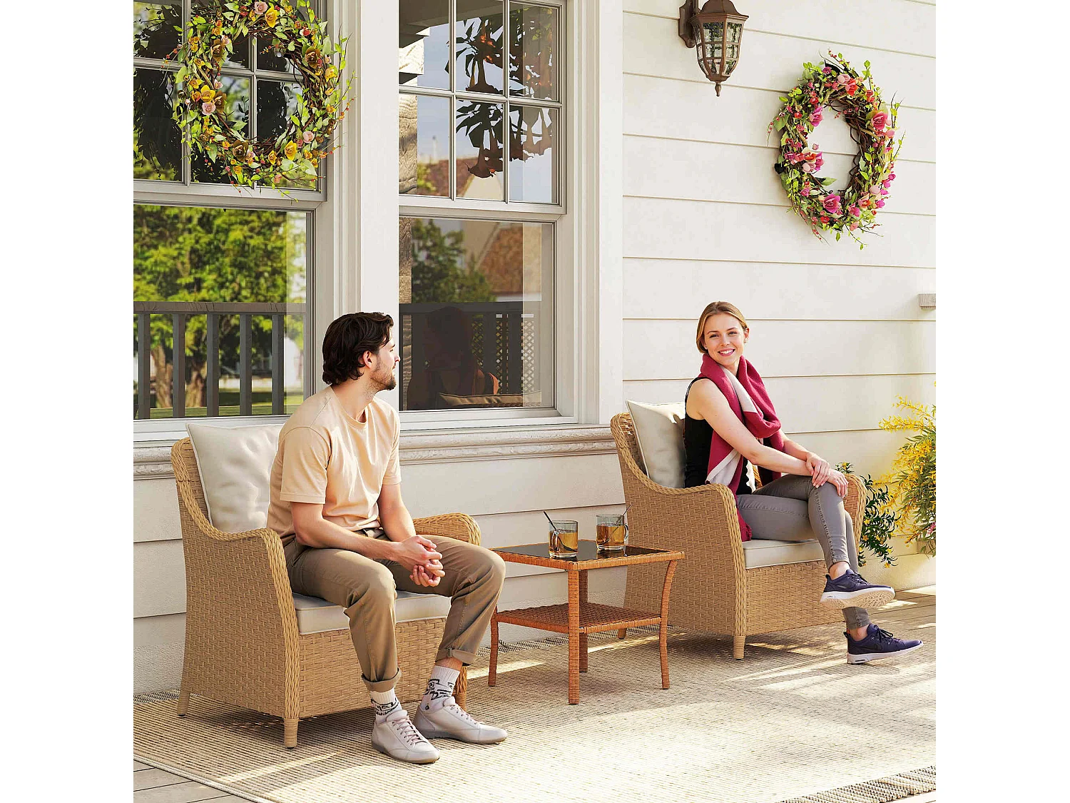 Rera Rattan Outdoor Armchairs Set of 2 Beige with Cushions Armrests and High Back