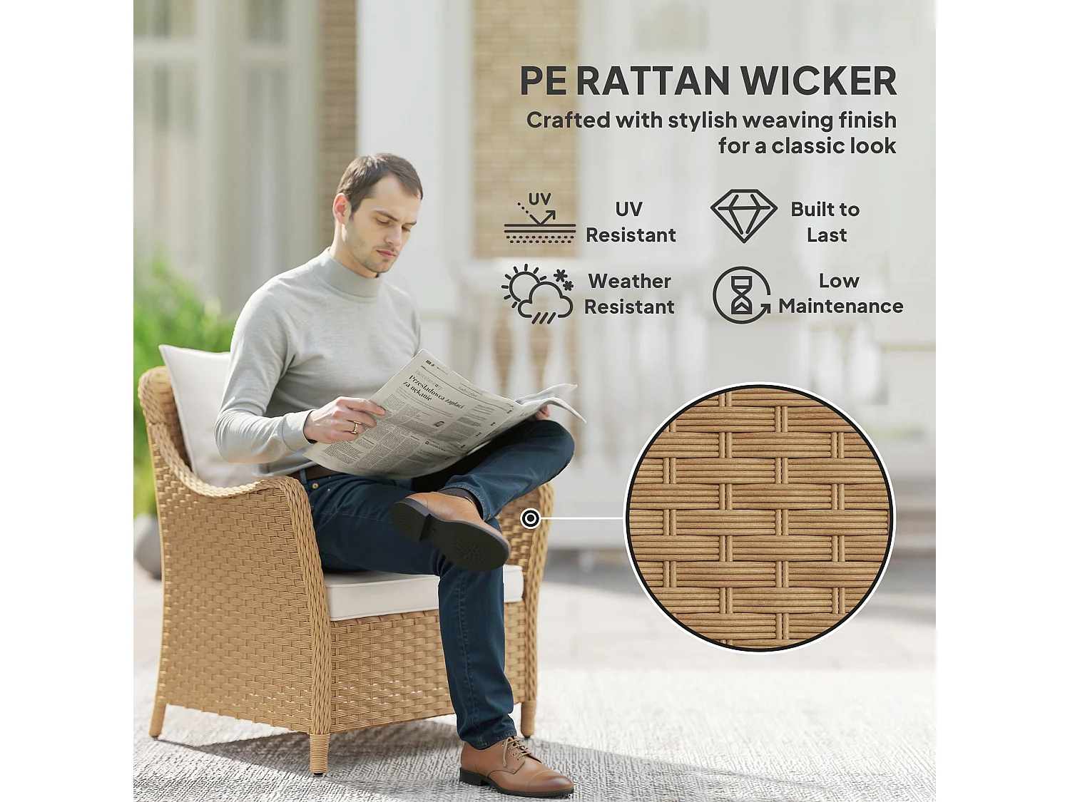 Rera Rattan Outdoor Armchairs Set of 2 Beige with Cushions Armrests and High Back