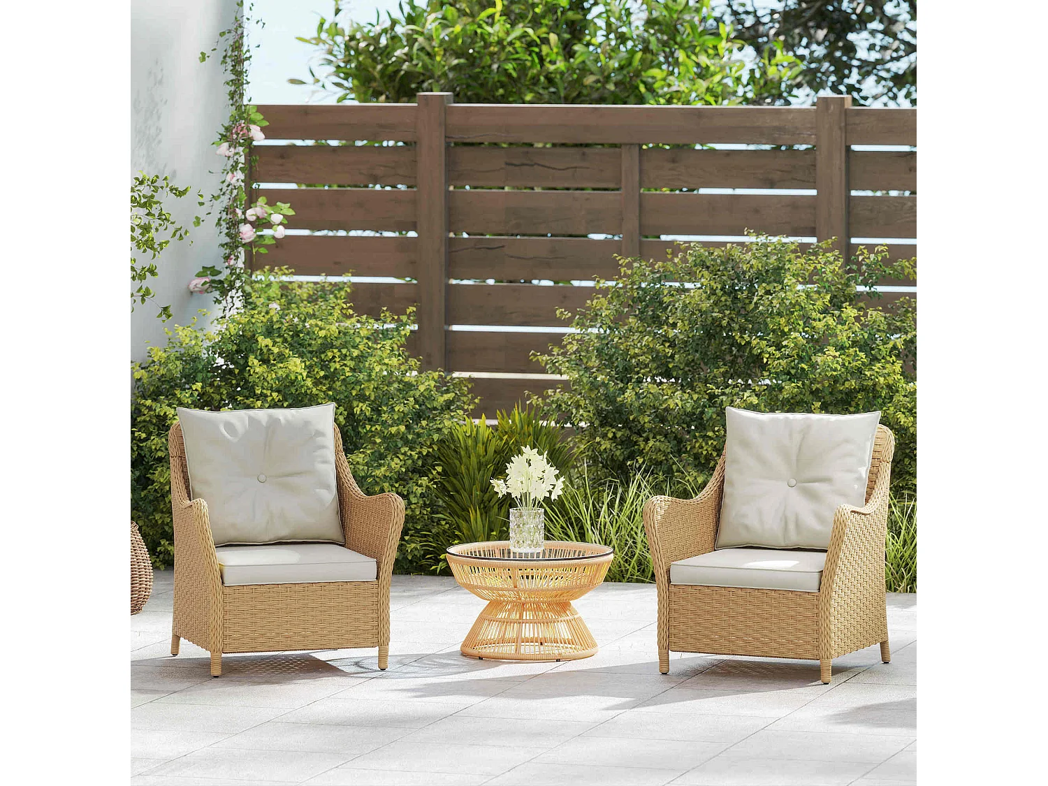 Rera Rattan Outdoor Armchairs Set of 2 Beige with Cushions Armrests and High Back