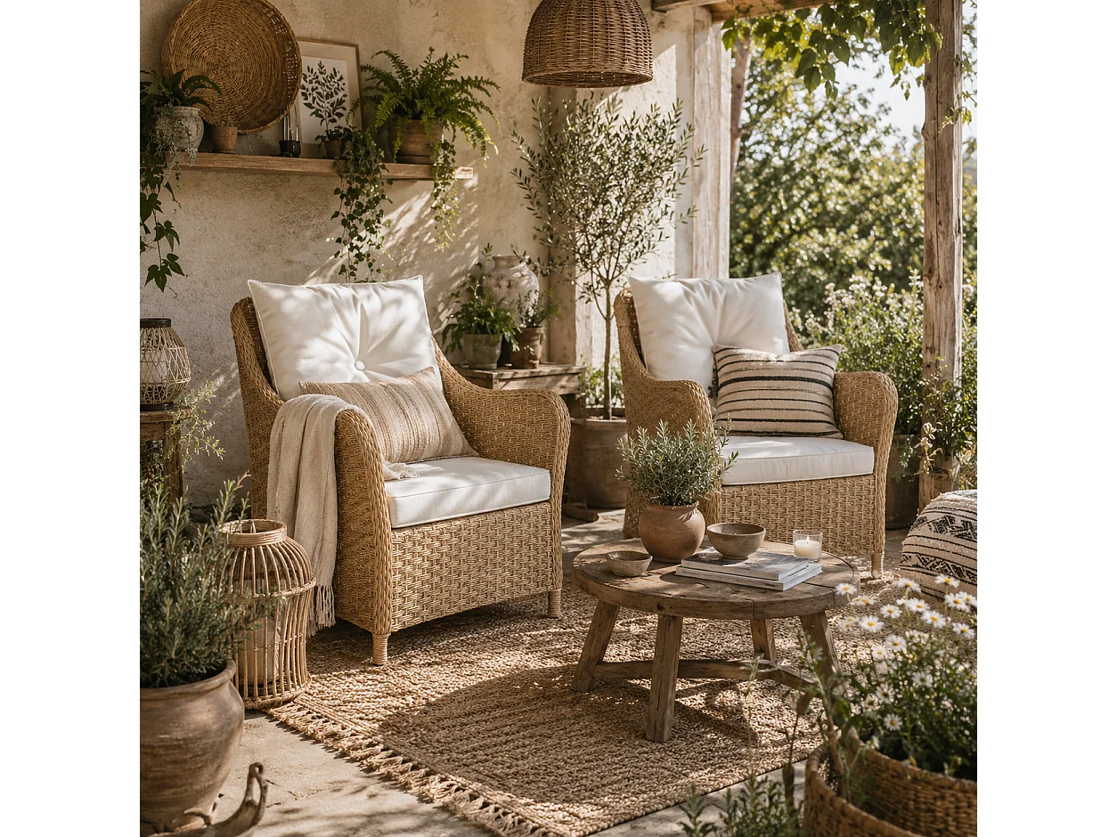 Rera Rattan Outdoor Armchairs Set of 2 Beige with Cushions Armrests and High Back