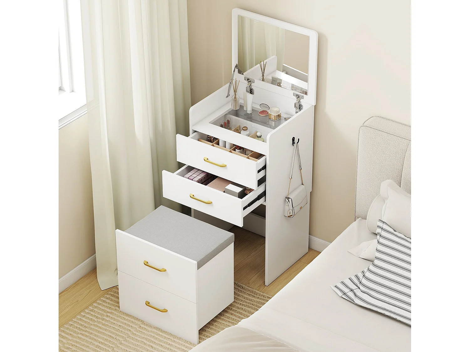Yova Compact White Dressing Table and Stool Set with Storage