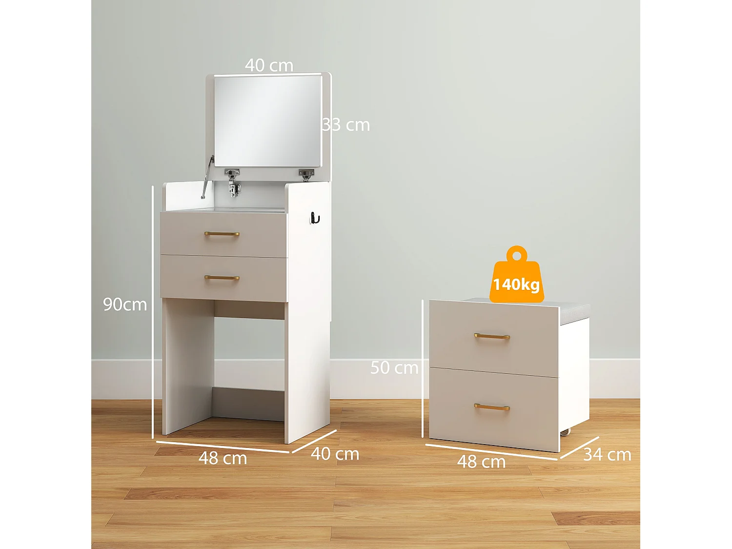 Yova Compact White Dressing Table and Stool Set with Storage