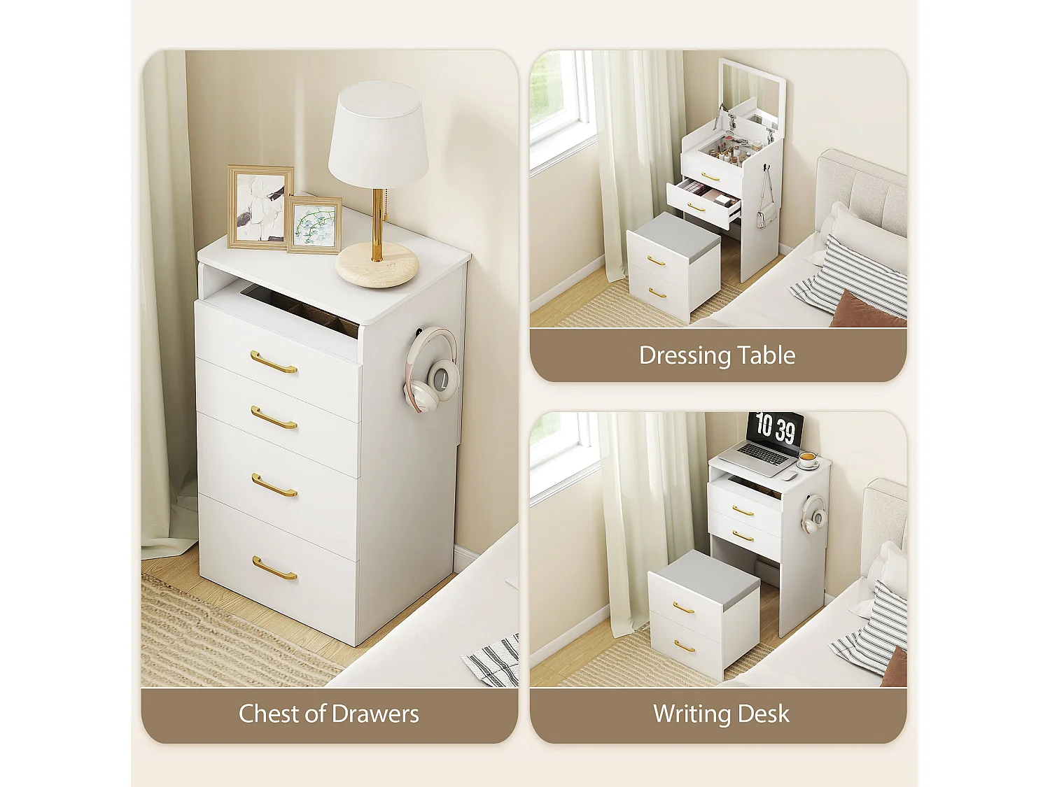Yova Compact White Dressing Table and Stool Set with Storage