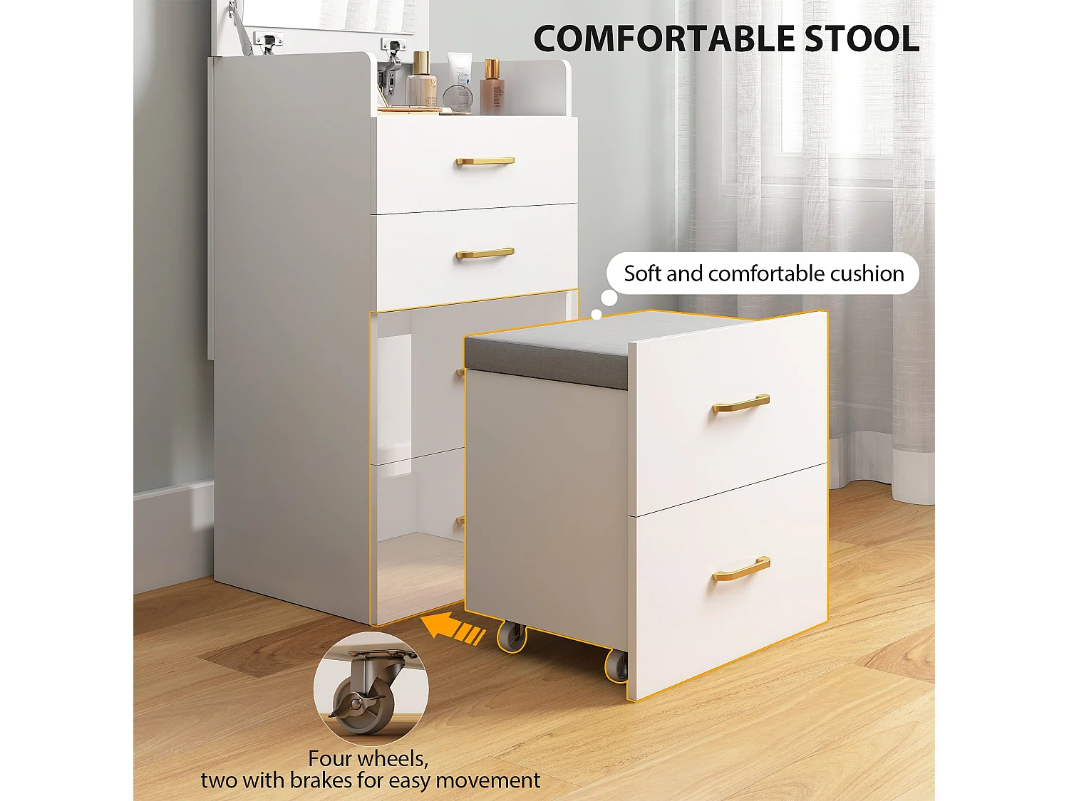 Yova Compact White Dressing Table and Stool Set with Storage