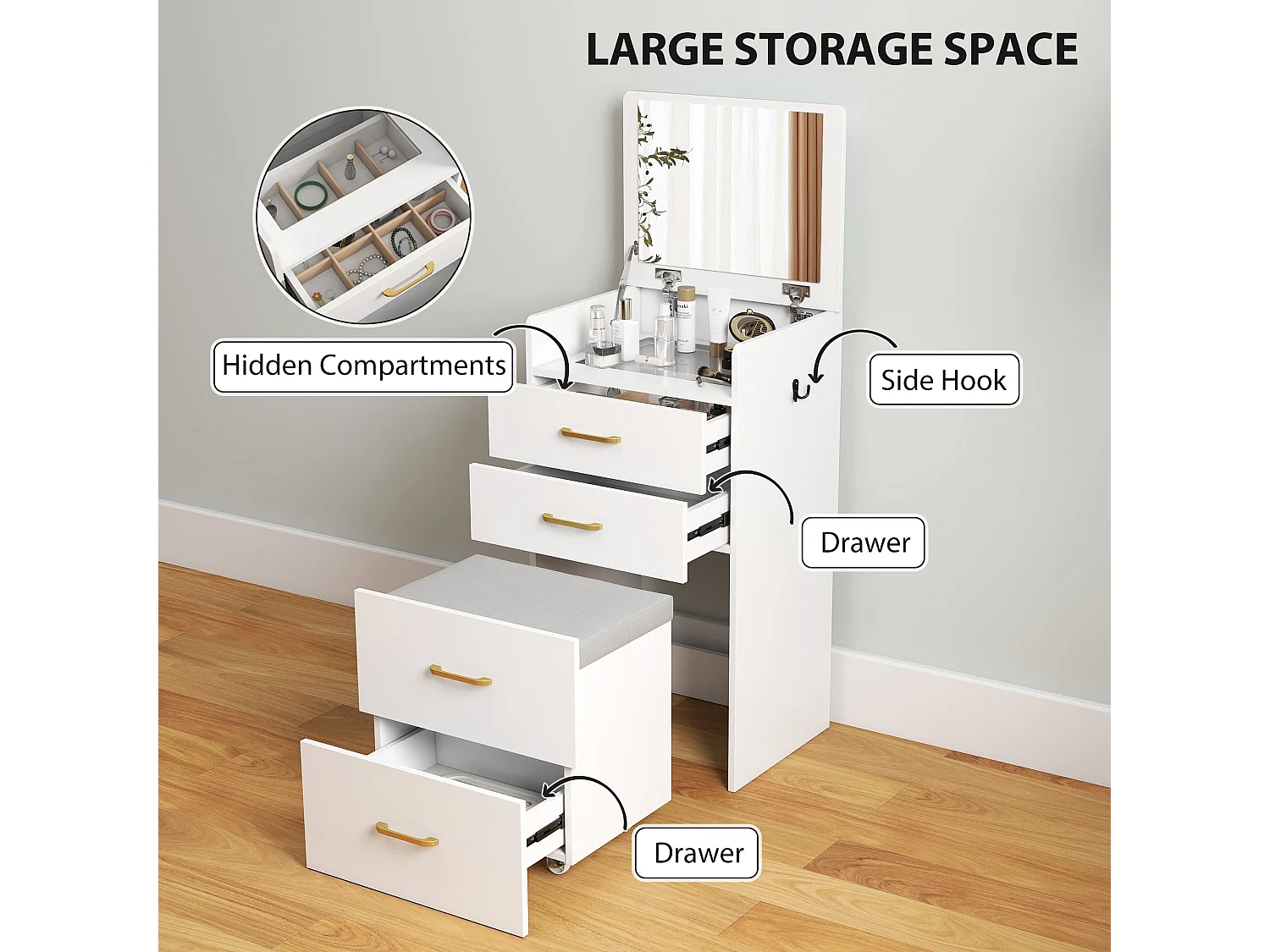 Yova Compact White Dressing Table and Stool Set with Storage