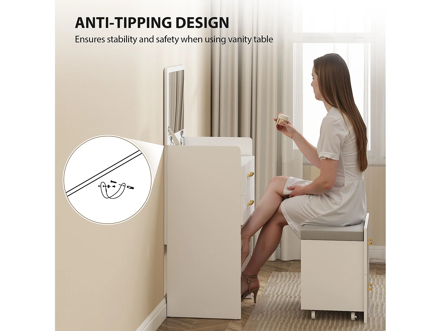 Yova Compact White Dressing Table and Stool Set with Storage