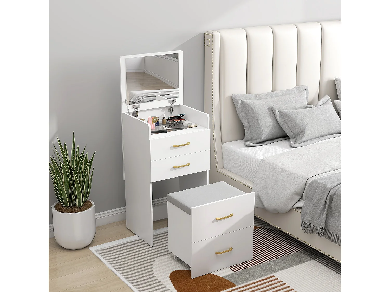 Yova Compact White Dressing Table and Stool Set with Storage