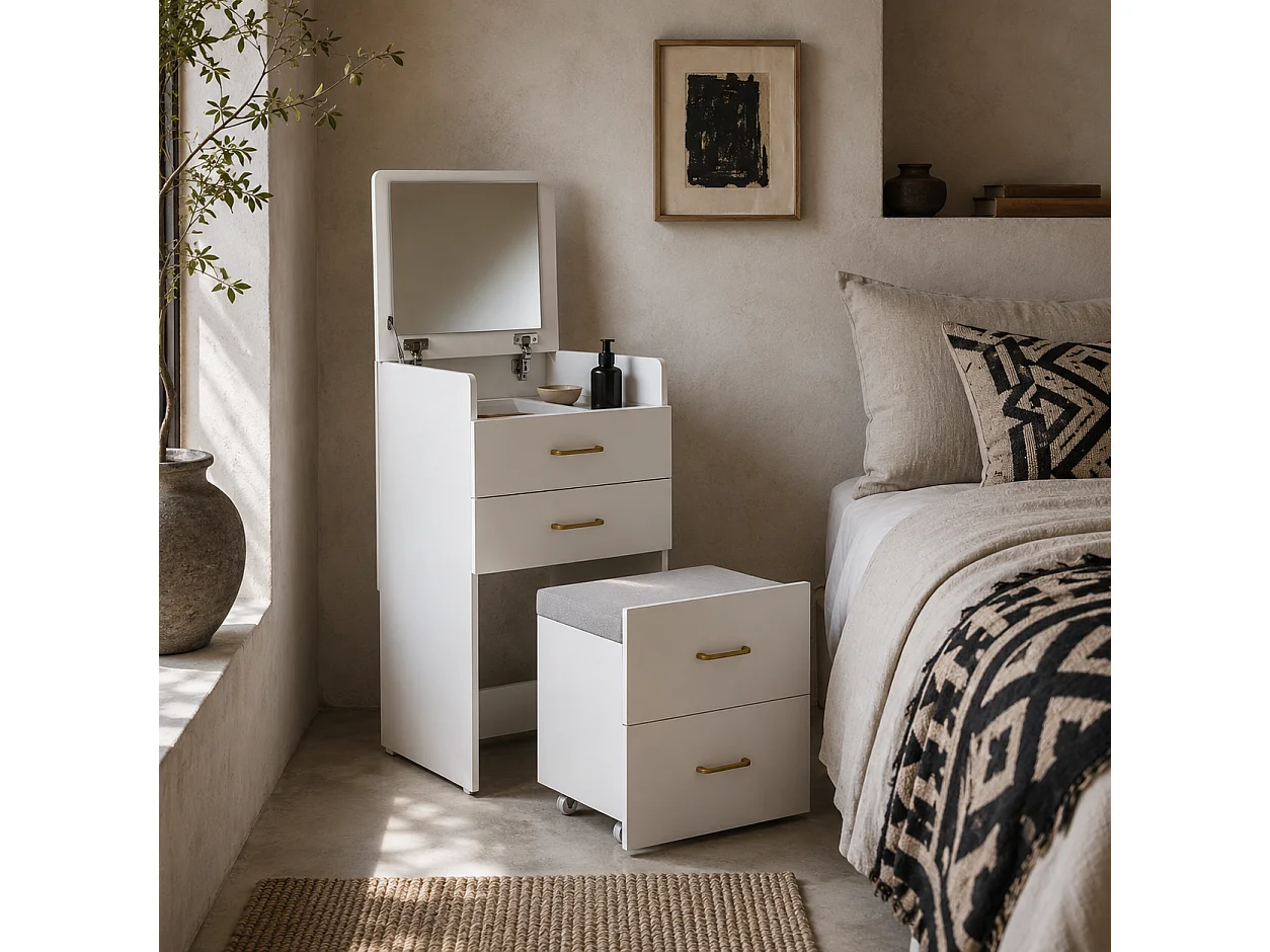 Yova Compact White Dressing Table and Stool Set with Storage