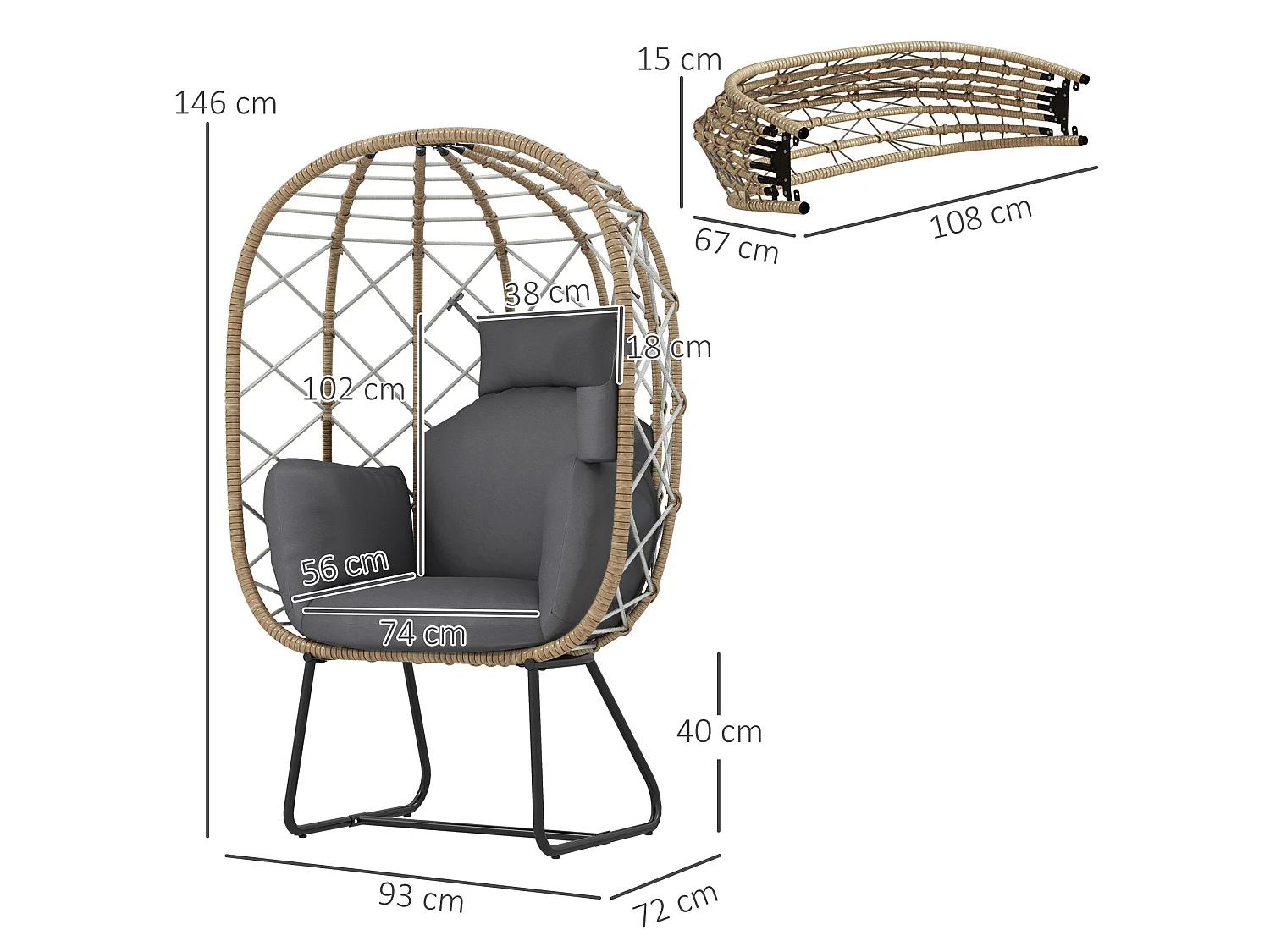 Nepa Rattan Egg Chair Brown and Grey with Cushions and Cup Holder