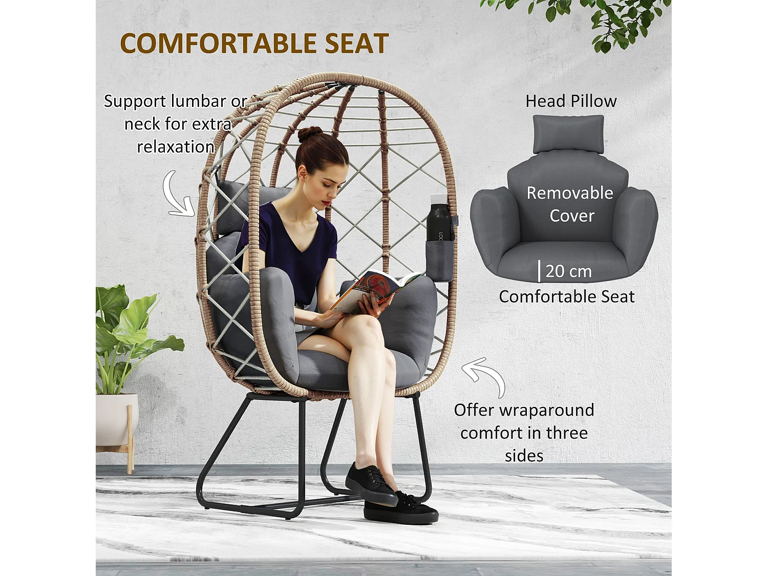 Nepa Rattan Egg Chair Brown and Grey with Cushions and Cup Holder