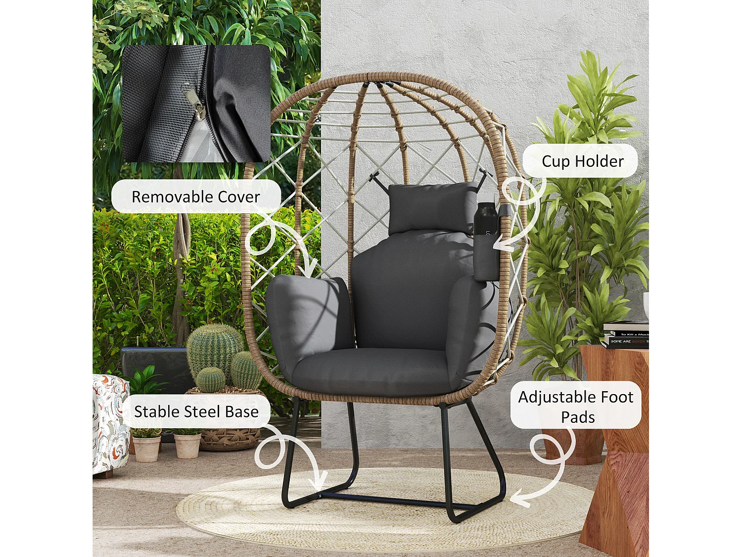 Nepa Rattan Egg Chair Brown and Grey with Cushions and Cup Holder