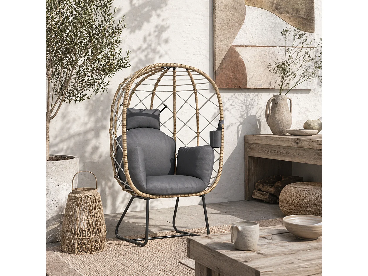 Nepa Rattan Egg Chair Brown and Grey with Cushions and Cup Holder