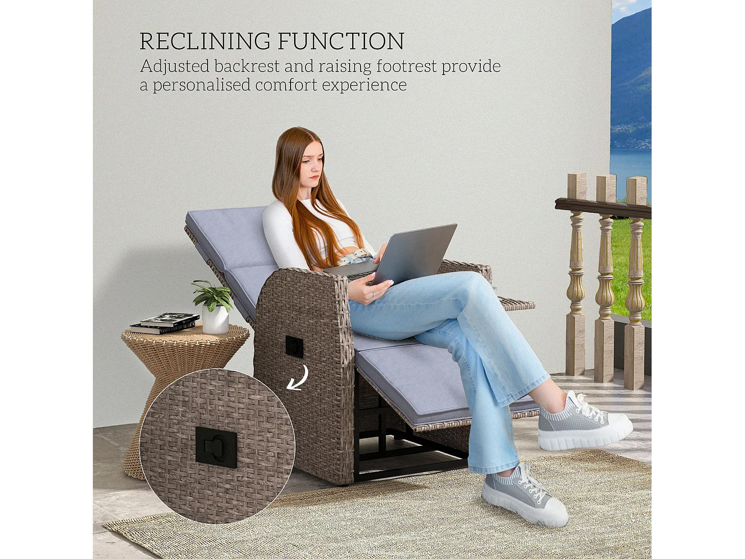 Namama Reclining Faux Rattan Garden Armchair Brown and Grey with Footrest