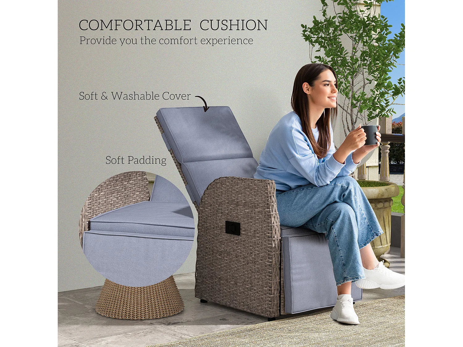Namama Reclining Faux Rattan Garden Armchair Brown and Grey with Footrest