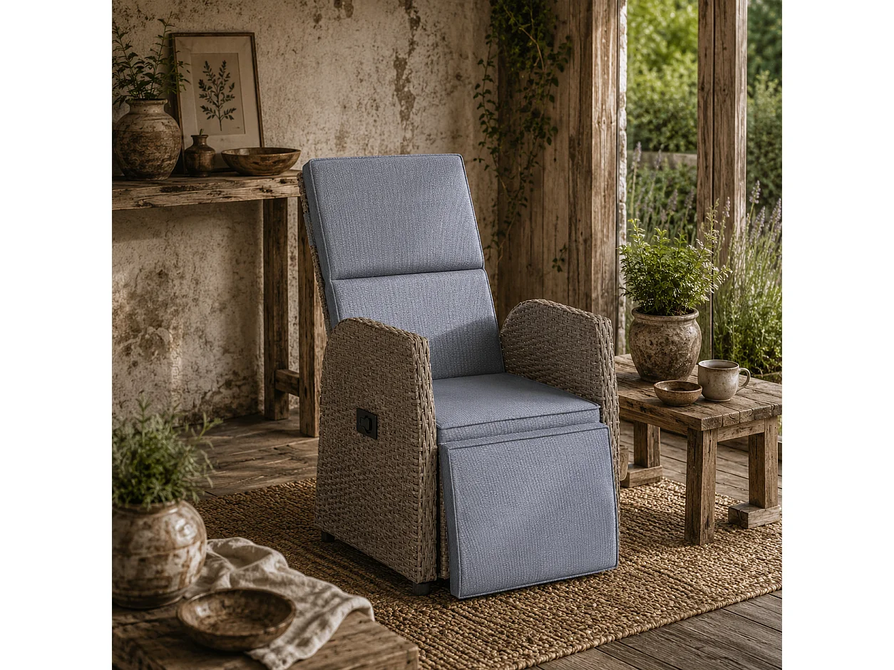 Namama Reclining Faux Rattan Garden Armchair Brown and Grey with Footrest