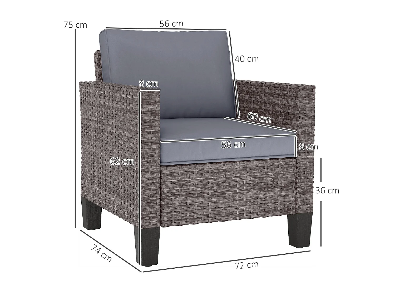 Maba Rattan Grey Single Outdoor Armchair with Cushions