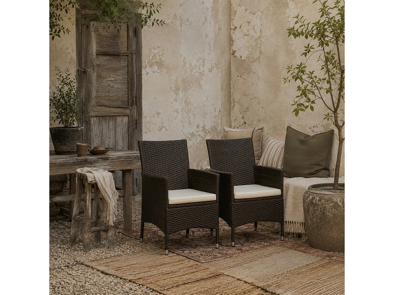 Dodone Set of 2 Metal and PE Rattan Outdoor Dining Armchairs with Cushions