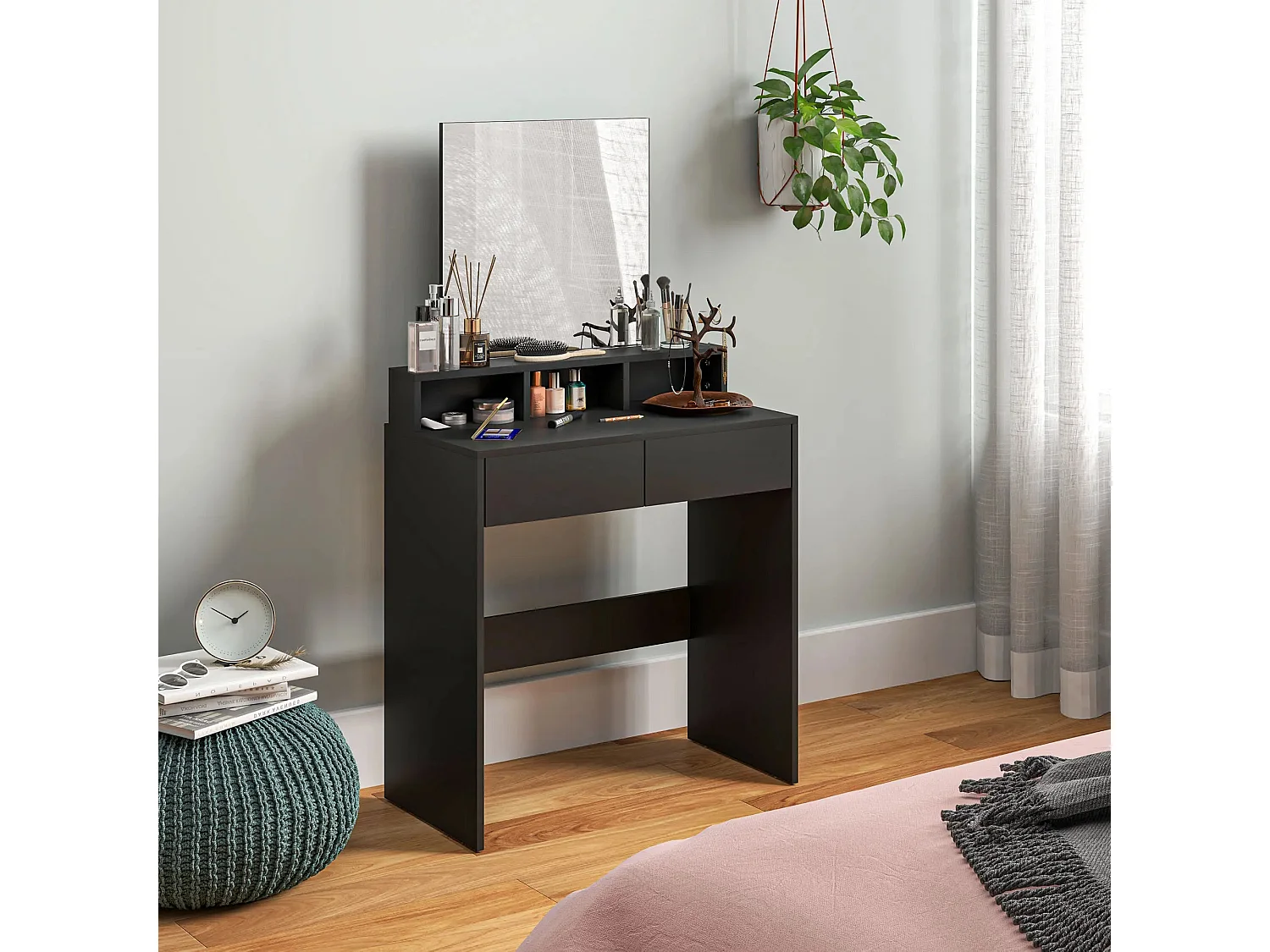 Merotto Black Dressing Table with Mirror Shelves and Drawers