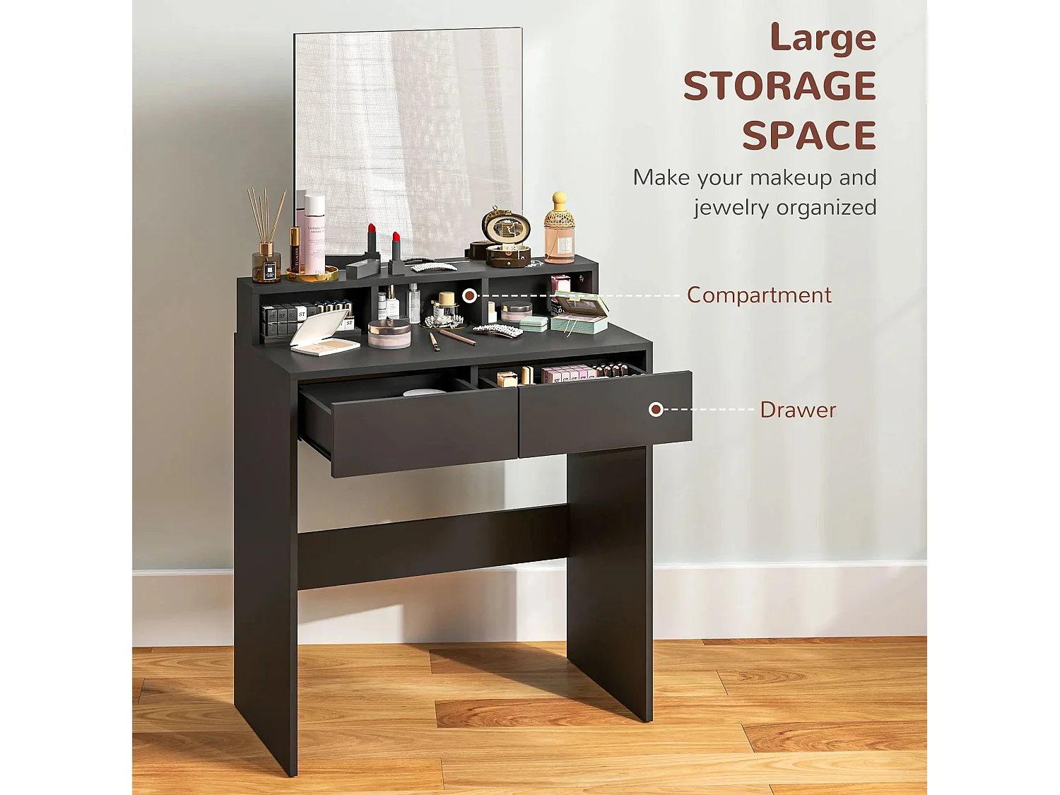 Merotto Black Dressing Table with Mirror Shelves and Drawers