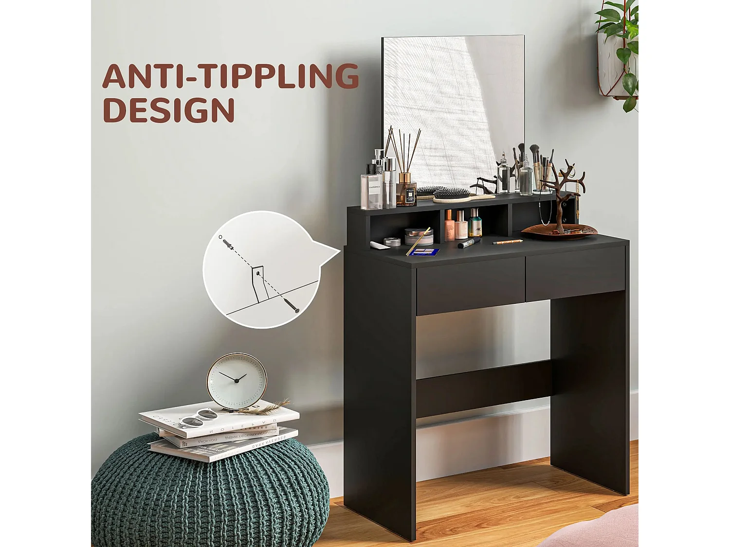 Merotto Black Dressing Table with Mirror Shelves and Drawers