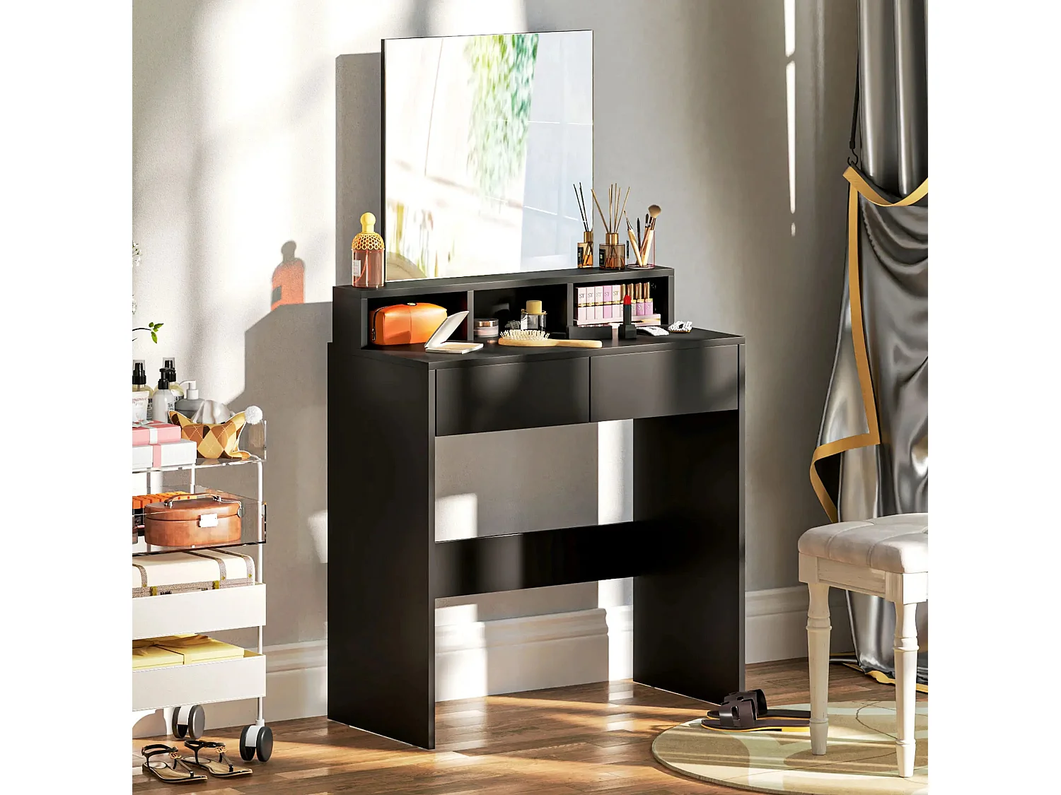 Merotto Black Dressing Table with Mirror Shelves and Drawers