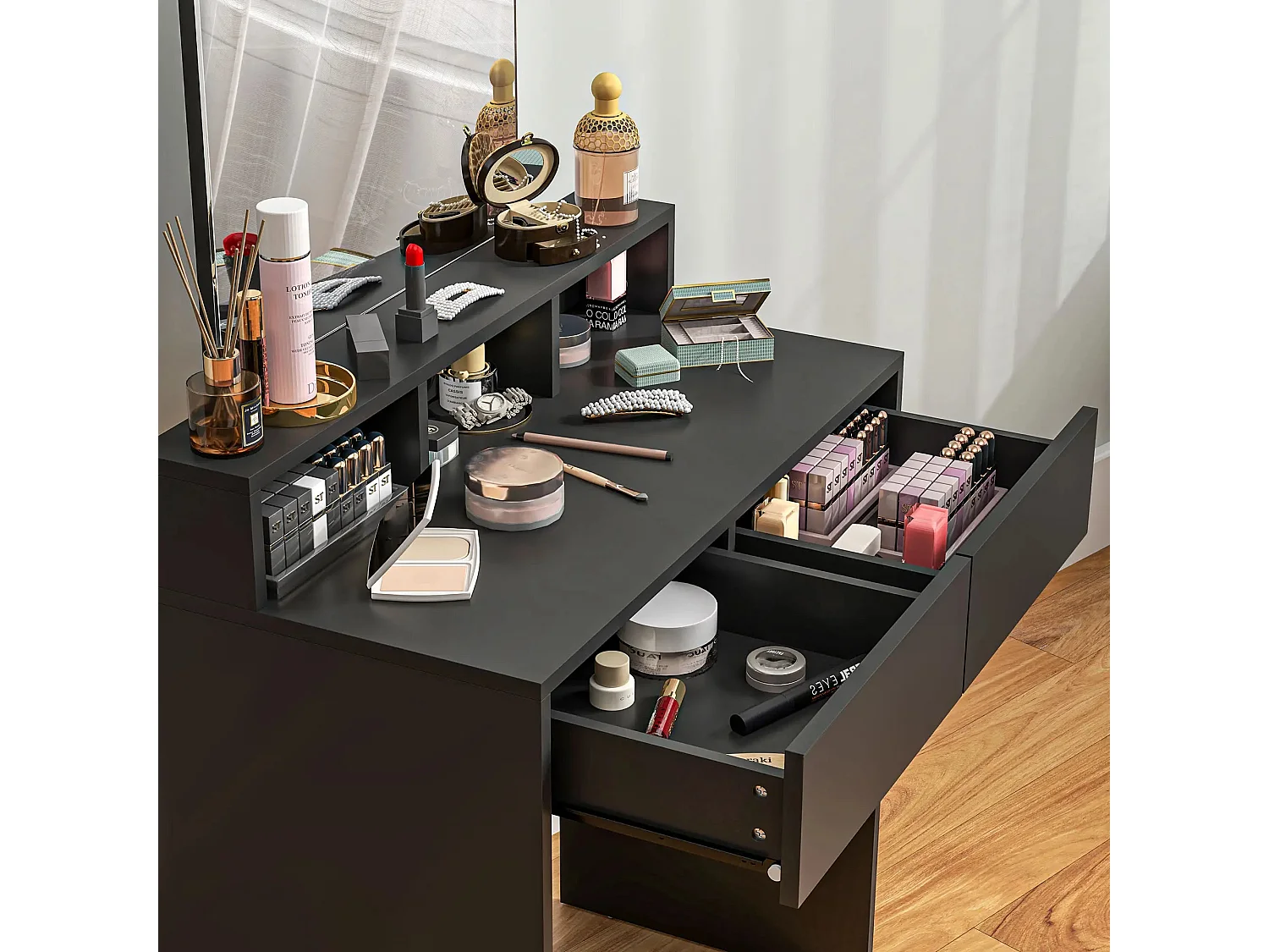 Merotto Black Dressing Table with Mirror Shelves and Drawers