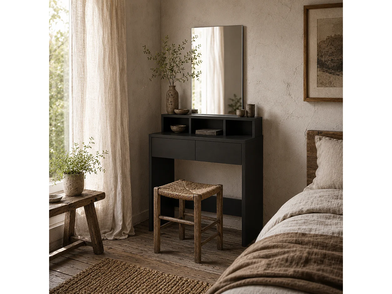 Merotto Black Dressing Table with Mirror Shelves and Drawers