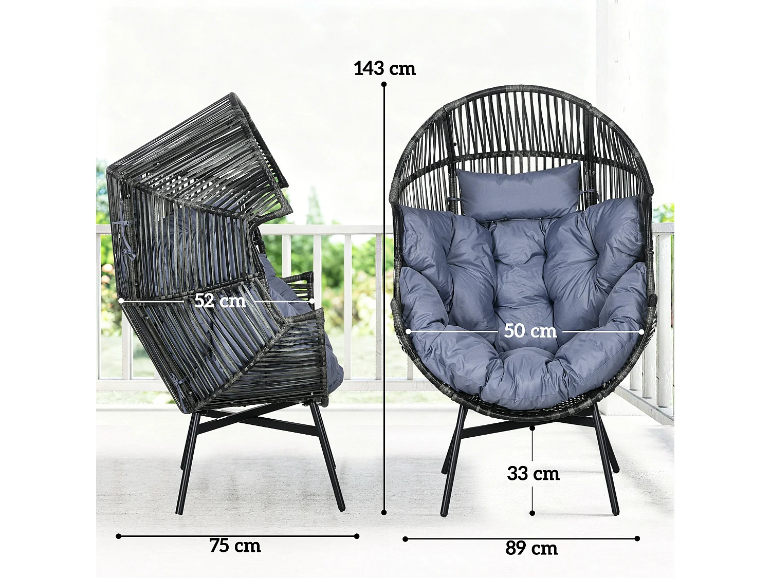 Lilo Rattan Style Egg Chair Grey and Black with Padded Cushion