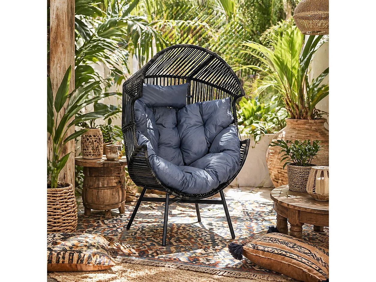 Lilo Rattan Style Egg Chair Grey and Black with Padded Cushion