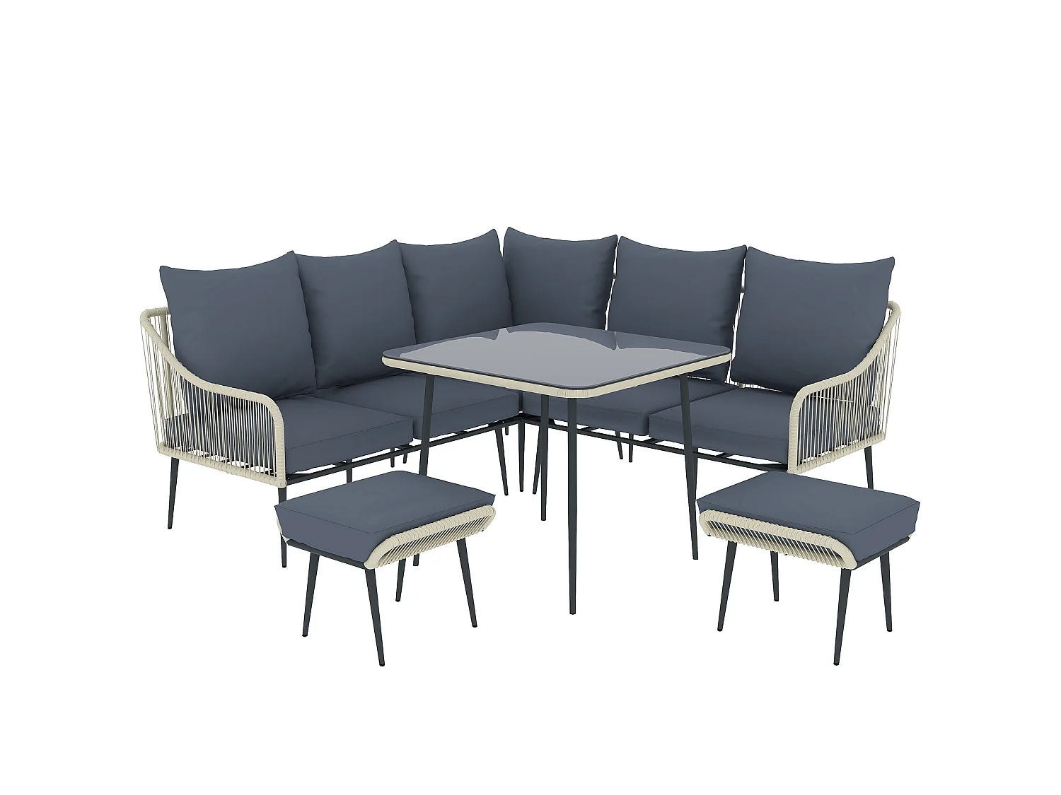 Vika Grey 7 Seater Modular Rattan Garden Sofa Set with Tempered Glass Coffee Table and 2 Stools