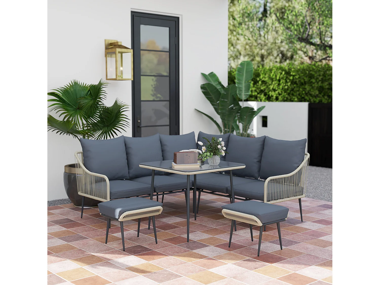 Vika Grey 7 Seater Modular Rattan Garden Sofa Set with Tempered Glass Coffee Table and 2 Stools