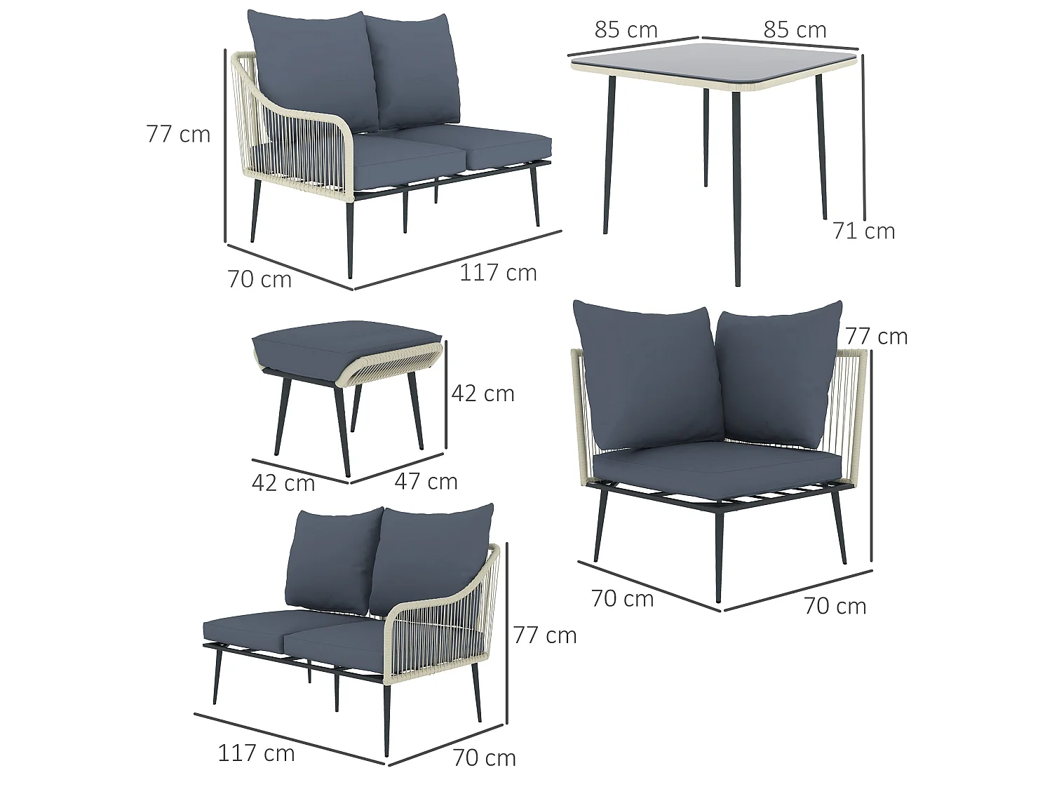 Vika Grey 7 Seater Modular Rattan Garden Sofa Set with Tempered Glass Coffee Table and 2 Stools