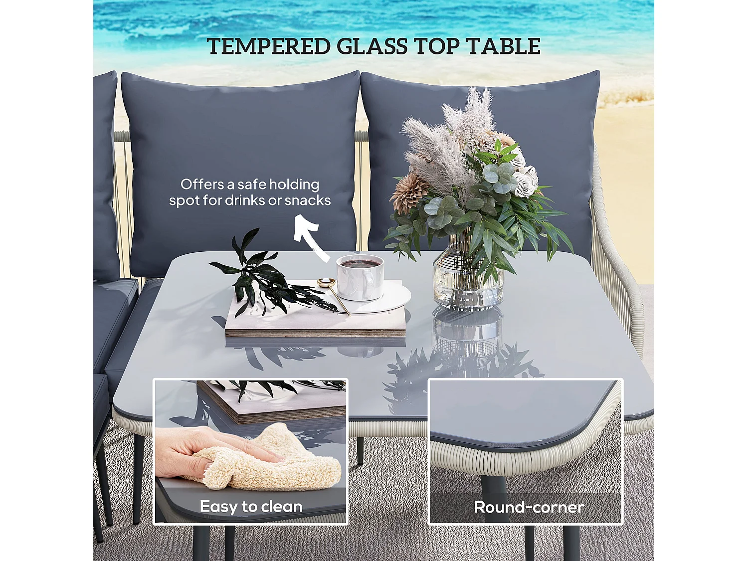 Vika Grey 7 Seater Modular Rattan Garden Sofa Set with Tempered Glass Coffee Table and 2 Stools