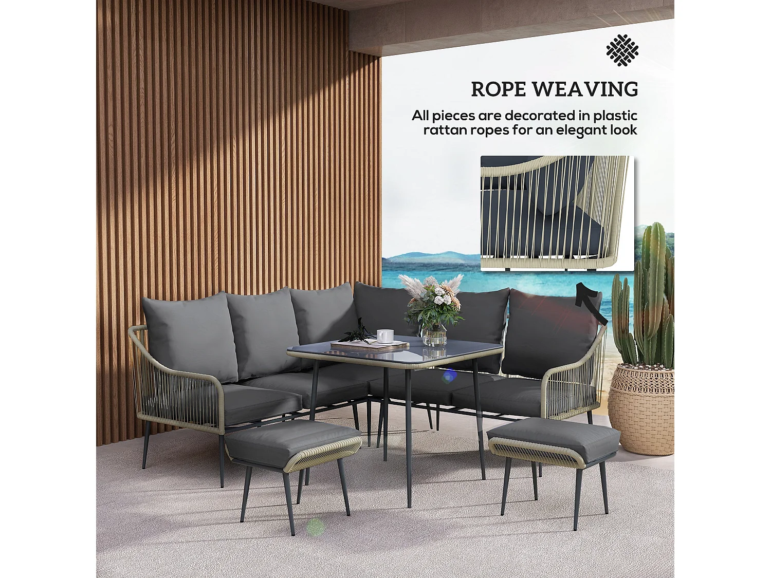 Vika Grey 7 Seater Modular Rattan Garden Sofa Set with Tempered Glass Coffee Table and 2 Stools